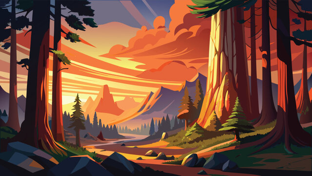Landscape with Redwood Forest at Sunset, Cartoon Vector Illustration