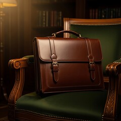 Elegant Leather Briefcase on Antique Chair in Library Setting.