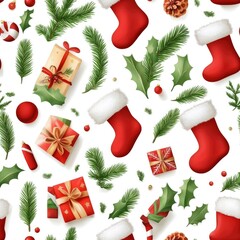 Festive christmas pattern with gifts, stockings, and holiday decorations
