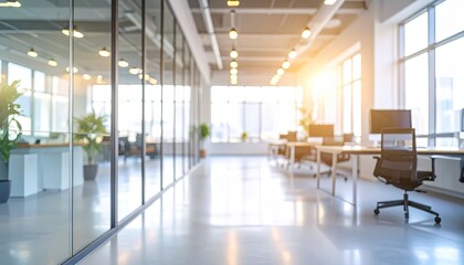 Modern and professional open-plan office interior illuminated by golden sunlight, featuring sleek design, glass partitions, and empty workstations, creating an ideal productive environment