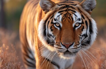 Fototapeta premium a majestic tiger, gracefully walking through the vast expanse of an indian savanna under warm, golden sunlight, with a focus on its face