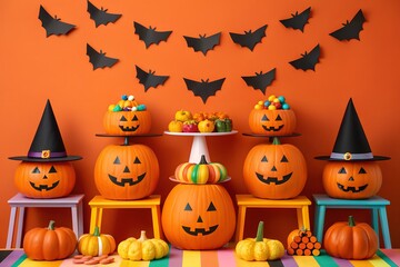 Halloween Display with Pumpkins, Bats, and Witch Hats jack-o-lantern