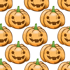 Hand drawn vintage seamless pattern of funny pumpkin jack o lantern faces in orange and green colors, isolated vector illustration