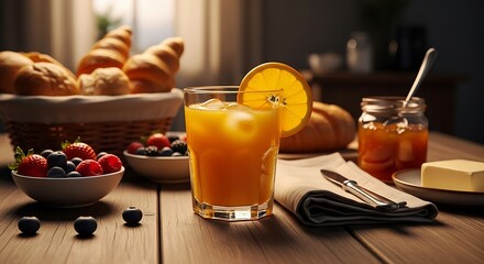 Delicious Breakfast Still Life with Orange Juice and Pastries.