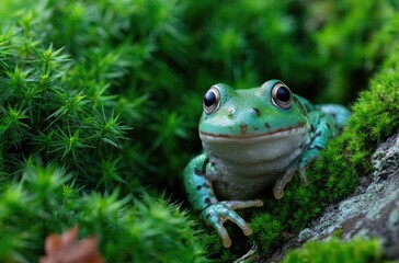 Obraz premium a laughing frog sitting on moss, cute, adorable, and happy