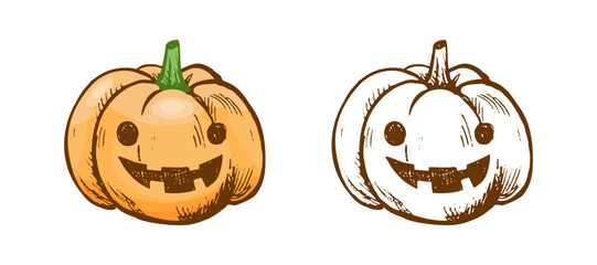 Hand drawn vintage sketch set of funny pumpkin jack o lantern faces in orange and monochrome versions, isolated vector illustration