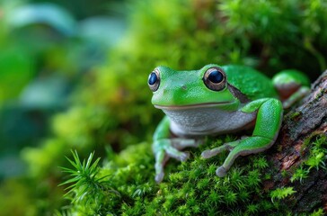 Obraz premium a laughing frog sitting on moss, cute, adorable, and happy