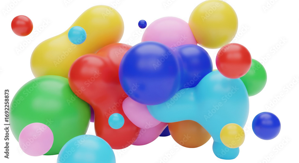 Poster colorful abstract spheres and blobs interacting against a black backdrop