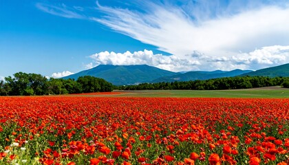 Red poppy field, mountains, blue sky