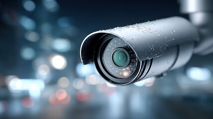Security Camera Close-up with Water Droplets and Blurred City Background
