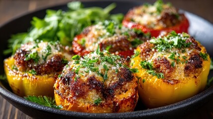 Stuffed Bell Peppers with Ground Meat, Rice, and Herbs on Black Plate