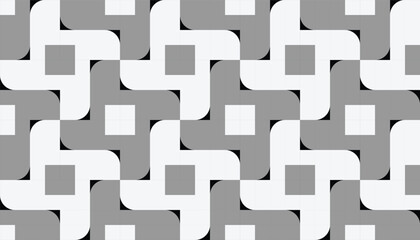 Seamless geometric pattern with interlocking square and curved shapes in gray, black, and white tones