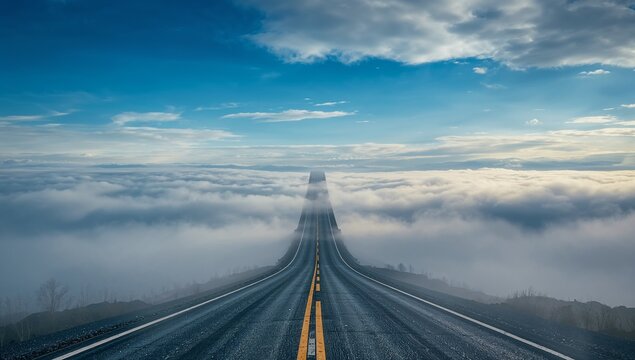 A long straight highway stretches forward and disappears into thick clouds under the bright blue sky at sunrise, creating a surreal and dreamy perspective of endless travel