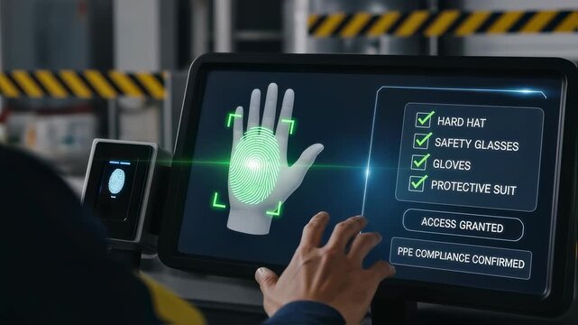 Worker fingerprint scan displayed on biometric dashboard confirming PPE compliance before entering hazardous zone.