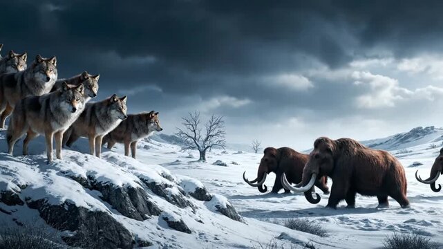 ice age wolves and mammoths snowy wilderness