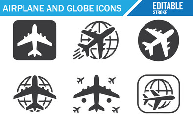 Airplane and Globe Icons Set for Travel, Transportation, and Navigation – Editable Vector Designs