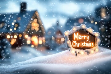 Festive merry christmas sign in snowy winter wonderland with cozy background