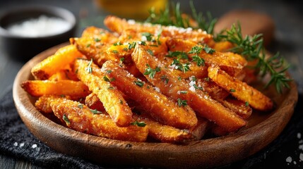 Delicious Sweet Potato Fries with Herbs and Salt on Wooden Plate