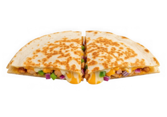 Delicious grilled chicken quesadilla with cheese and vegetables isolated on transparent background