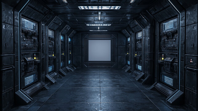 Dark futuristic sci fi spaceship corridor with glowing blue lights, control panels, and high tech metallic walls