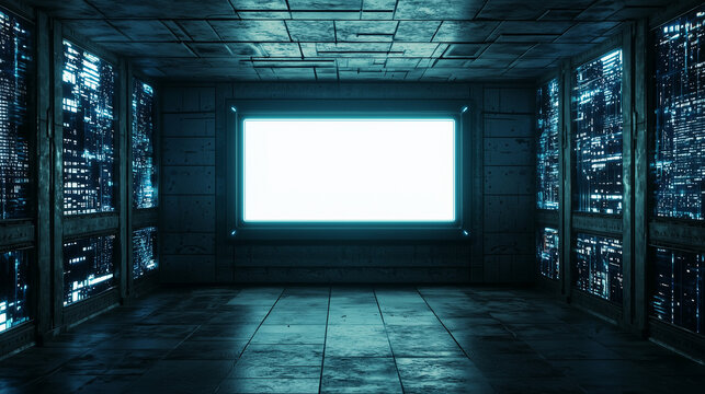 Dark futuristic room with glowing cityscape walls and a bright blank neon screen in a high tech sci fi interior setting - Powered by Adobe