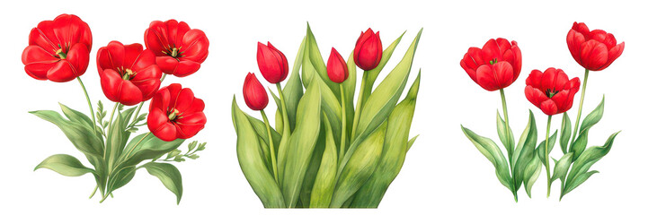 Obraz premium A beautiful illustration showcasing three separate arrangements of vivid red tulips against a stark black backdrop, perfect for various design applications.