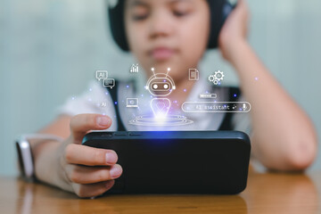 Children boy using smartphone with AI assistant hologram icons, representing artificial intelligence, chatbot, virtual assistant, and future technology for education and communication.