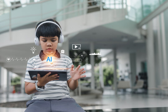 Asian boy using tablet with AI hologram icons, representing artificial intelligence, digital learning, education technology, and future innovation in online communication and knowledge. - Powered by Adobe