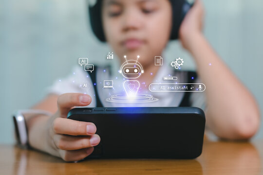 Children boy using smartphone with AI assistant hologram icons, representing artificial intelligence, chatbot, virtual assistant, and future technology for education and communication.