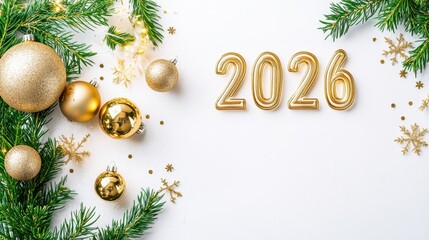 Festive composition featuring golden ornaments, fir branches, snowflakes, and the numbers 2026, all arranged on a white background, perfect for the holiday season.