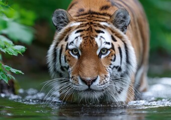 Obraz premium a tiger is walking along the riverbank, its body splashing in the water as it moves through the dense forest behind it
