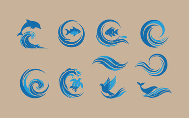 Collection of blue ocean wave icons with marine life and abstract designs