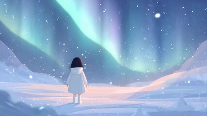 little girl looks up at the sky at the northern lights in winter landscape illustrated animation - Powered by Adobe