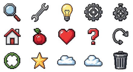 Pixel Art Icons - Tools, Home, Food, Heart, and More.