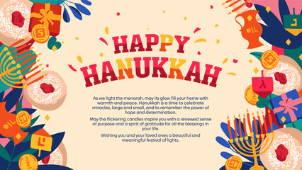Vibrant Happy Hanukkah Greeting Card or Banner with Festive Elements