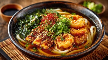 Udon Noodle Soup with Tempura Shrimp, Seaweed and Green Onions