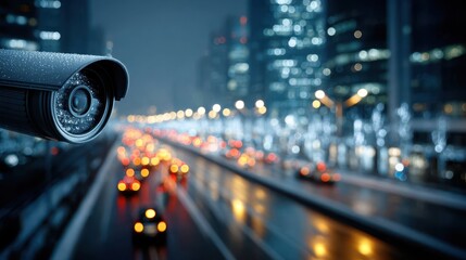 Security Camera Overlooking City Traffic at Night in the Rain