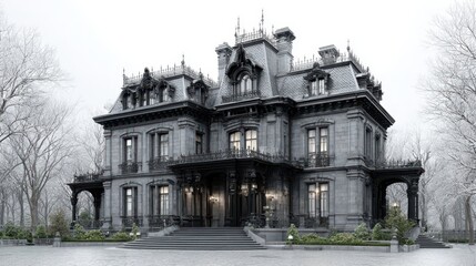 Grand Victorian Mansion Exterior, Stone Facade, Architectural Detail, Gray Tones