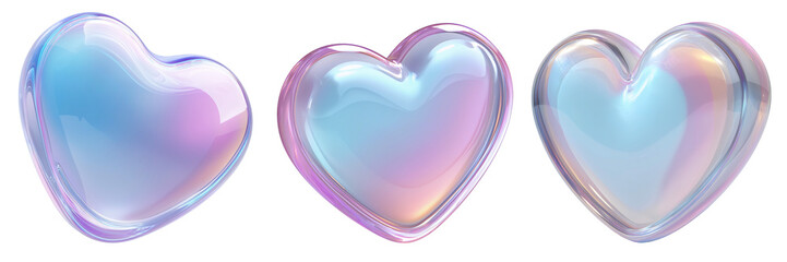 3D Glass Icon Set of Three Iridescent Glass Hearts With Pastel Gradient Effects on Transparent Background