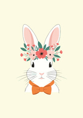 A charming illustration of a white bunny wearing a delightful floral crown and a bright orange bowtie standing against a soft yellow background with delicate dotted accents