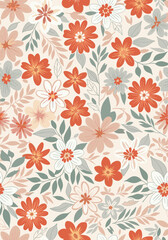 Charming retro floral pattern with rustic orange and soft peach blossoms adorned with delicate green foliage