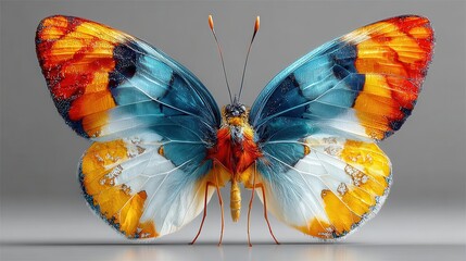 Detailed Macro of a Colorful Butterfly with Open Wings on Gray Background