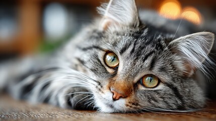 Close-up portrait of a beautiful tabby cat with green eyes resting