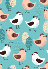 Whimsical pattern of cute fluffy birds and stylized trees in pastel colors on a teal background