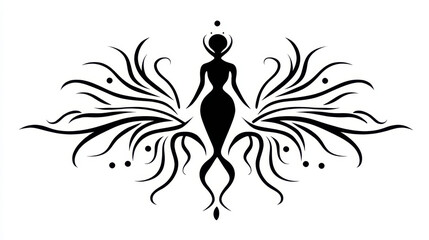Fototapeta premium Elegant silhouette of a woman with ornate wings and floral elements in a stylish black and white design