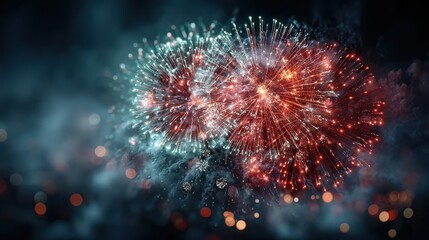 Spectacular Fireworks Display with Red and Teal Bursts in Night Sky