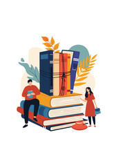 Inspiring people reading books on a stack of literature surrounded by autumn leaves and abstract shapes a beautiful educational scene