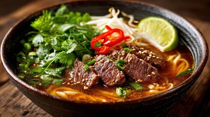 Delicious Beef Noodle Soup Bowl with Fresh Herbs and Lime Slice