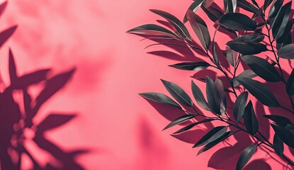 A pink background with the shadow of plants, creating an elegant and minimalist composition