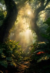 Fototapeta premium Sunlit Rainforest Scene Lush Foliage and Serene Atmosphere